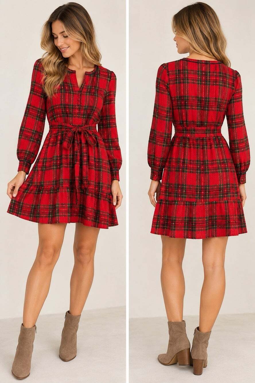 LOFT Red Plaid Tartan Belted Long Sleeve Holiday Dress Size Medium